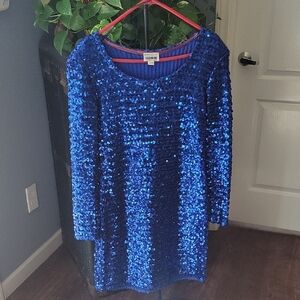 Vintage 1980s Glenrob Blue Sequin Dress with Long Sleeves | Size: 13/14